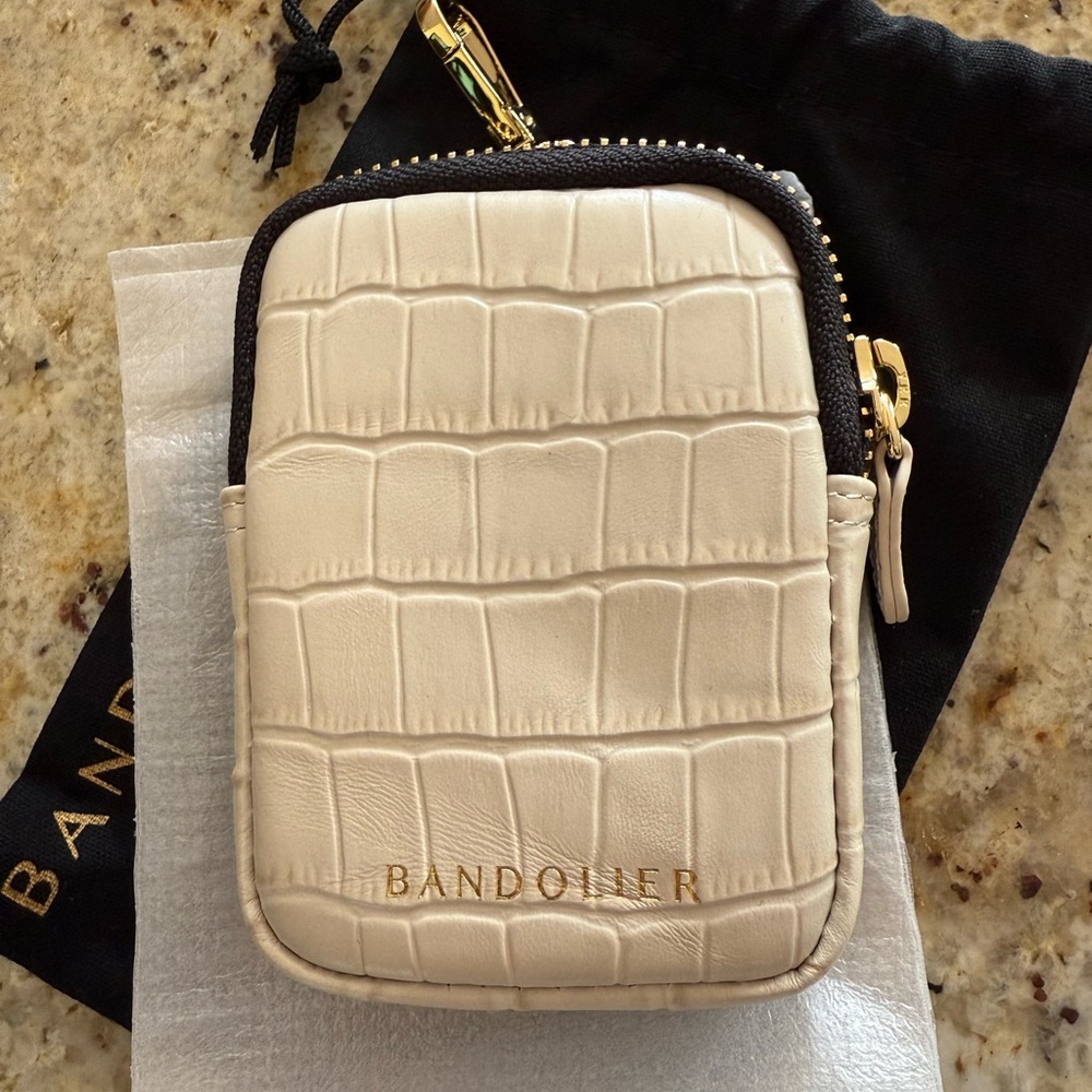 Bandolier Cream Croc-Embossed Mini Pouch with Gold Accents